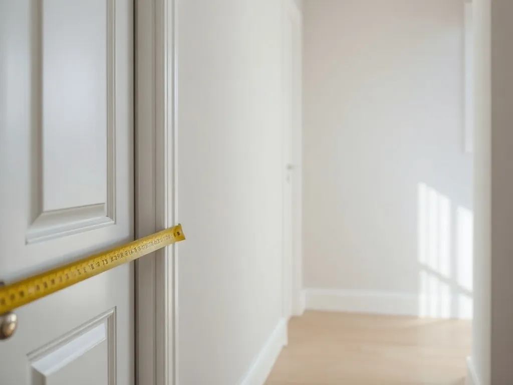 Drzwi wewnętrzne z widoczną ościeżnicą i miarką, ilustrujące sposób pomiaru otworu pod skrzydło 70, 80 lub 90 cm