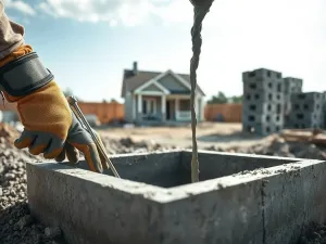 Ręce budowlańca wylewają beton do zbrojonego fundamentu domu jednorodzinnego w trakcie budowy