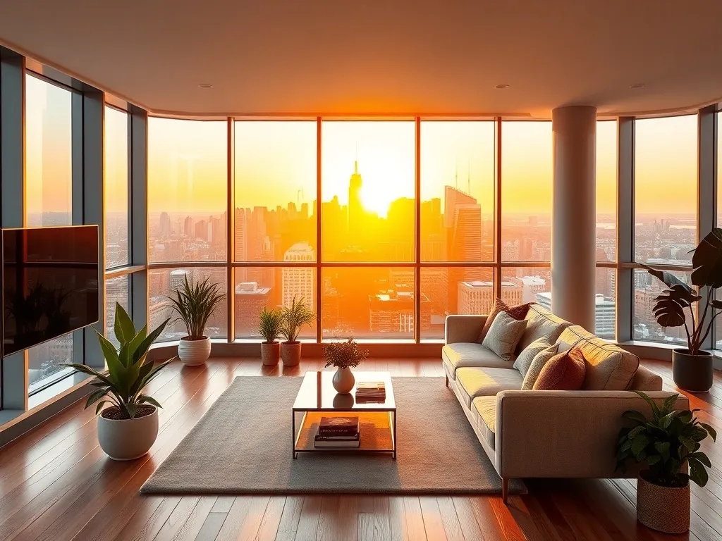 Jasny, nowoczesny salon penthouse’u z panoramicznym widokiem na miasto o zachodzie słońca, luksusowy i minimalistyczny wystrój.