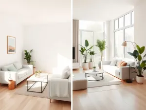 Porównanie skromnego, przytulnego mieszkania z przestronnym, eleganckim apartamentem w jasnych, nowoczesnych wnętrzach.