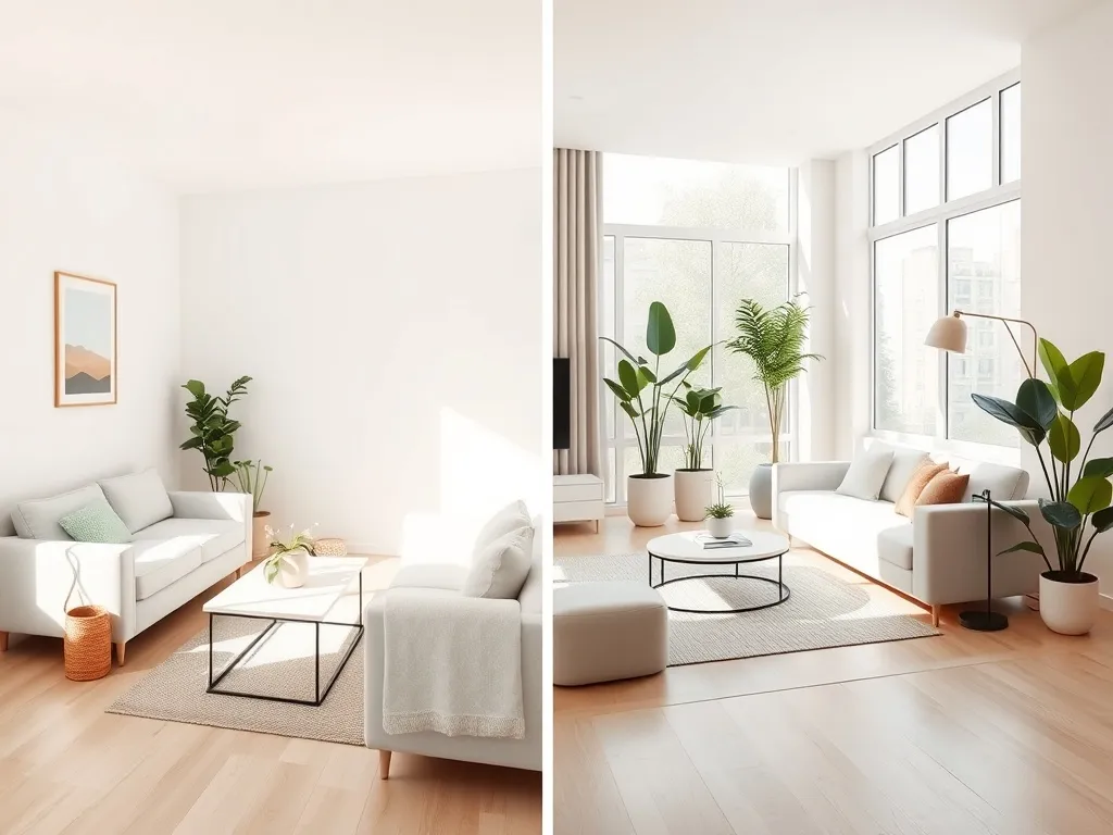 Porównanie skromnego, przytulnego mieszkania z przestronnym, eleganckim apartamentem w jasnych, nowoczesnych wnętrzach.
