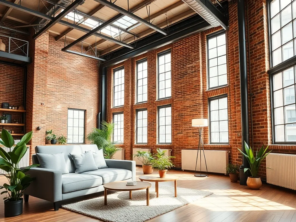 Jasny loft z dużymi oknami, ceglaną ścianą i odsłoniętymi instalacjami, urządzony przytulnym kącikiem wypoczynkowym.
