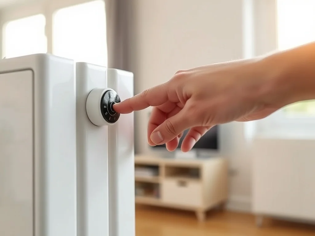 Dłoń montuje nowoczesny termostat na białym grzejniku w jasnym, przytulnym wnętrzu, pokazując poprawną instalację.