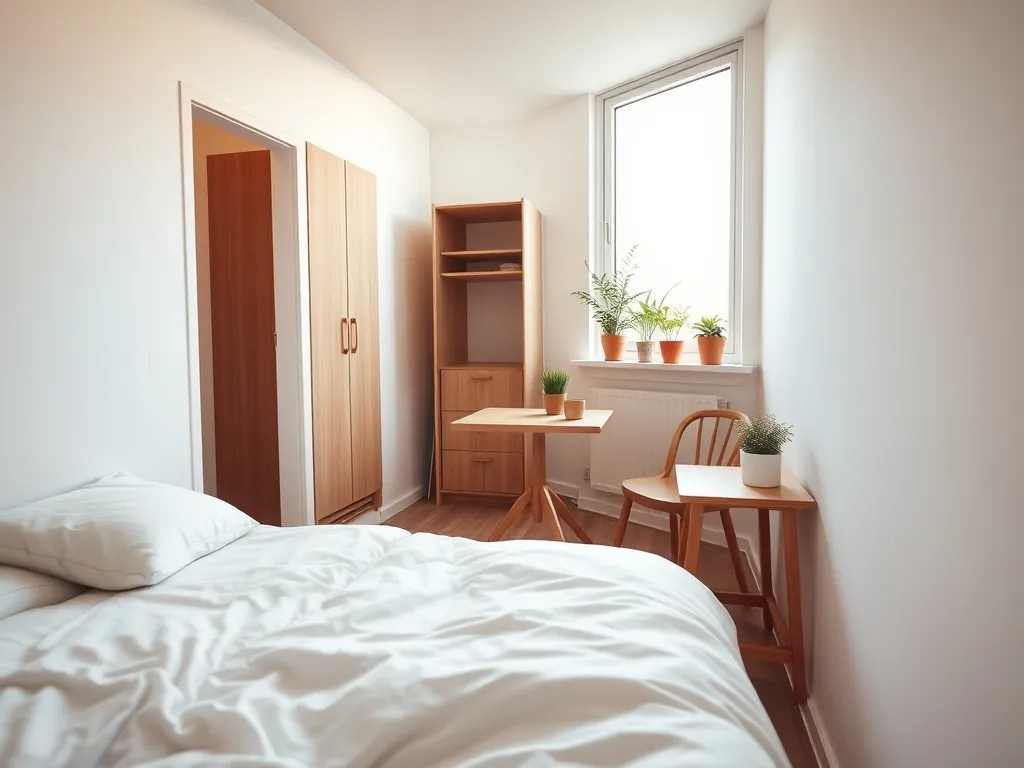 Jasny, przytulny mikroapartament w skandynawskim stylu z łóżkiem, stolikiem i aneksem kuchennym w jednym, funkcjonalnym pomieszczeniu.