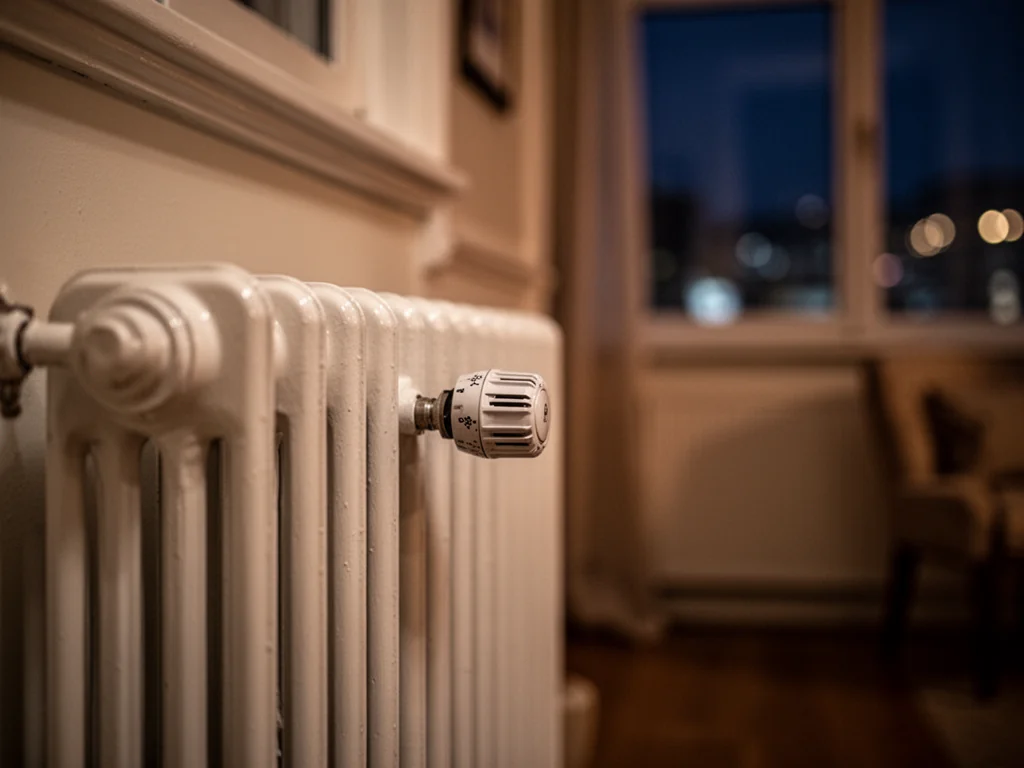 Biały kaloryfer z termostatem nocą w przytulnym wnętrzu, ilustrujący problemy z hałasem i działaniem ogrzewania.