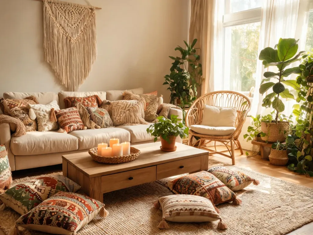 Przytulny salon boho z niskim stolikiem, makramą, rattanem i dużą ilością roślin w ciepłych, naturalnych barwach wnętrza