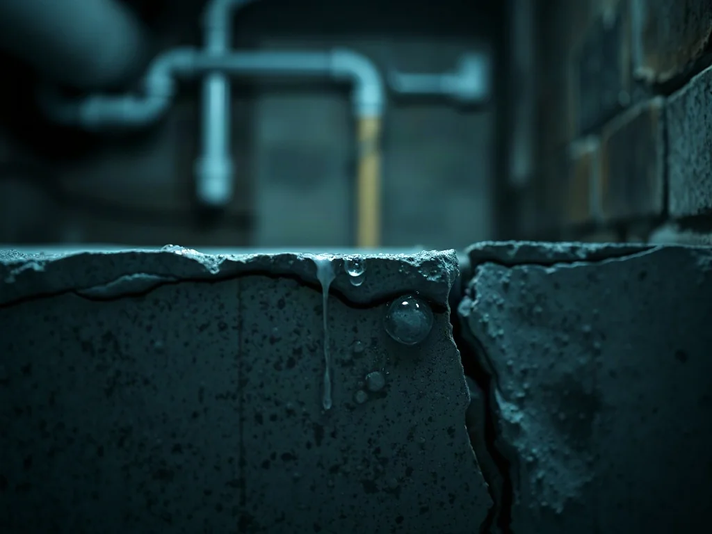 Pęknięcie na betonowej ścianie fundamentowej z widocznymi śladami wilgoci, wskazujące na nieszczelność konstrukcji.