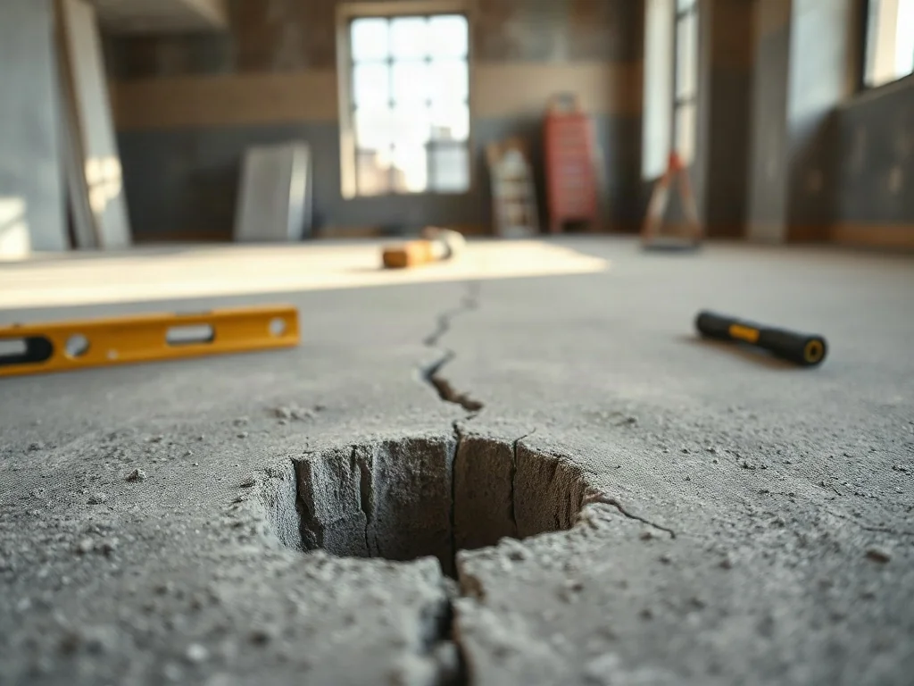 Zbliżenie na pękniętą wylewkę betonową z widoczną pustą przestrzenią pod powierzchnią, wskazującą na problem z echem.