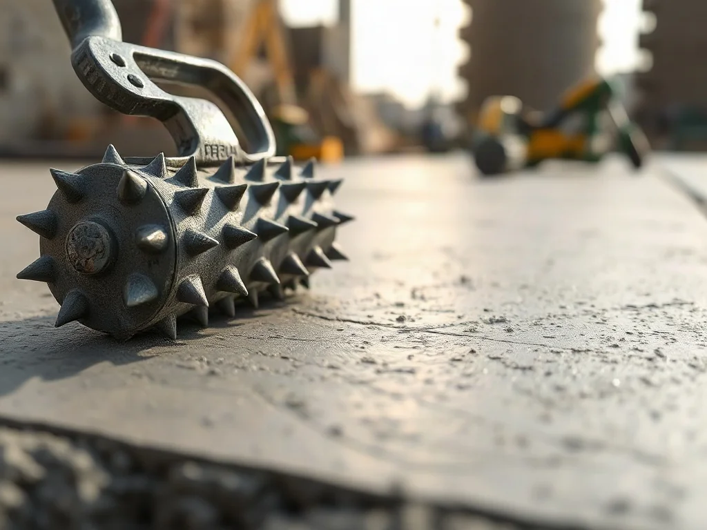 Wałek kolczasty na świeżo wylanej masie samopoziomującej podczas usuwania pęcherzyków powietrza.