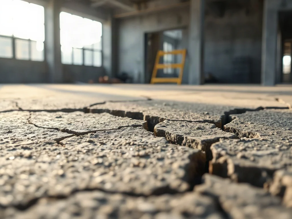 Zbliżenie na głębokie pęknięcia i rysy na powierzchni betonowej wylewki w surowym, industrialnym wnętrzu.