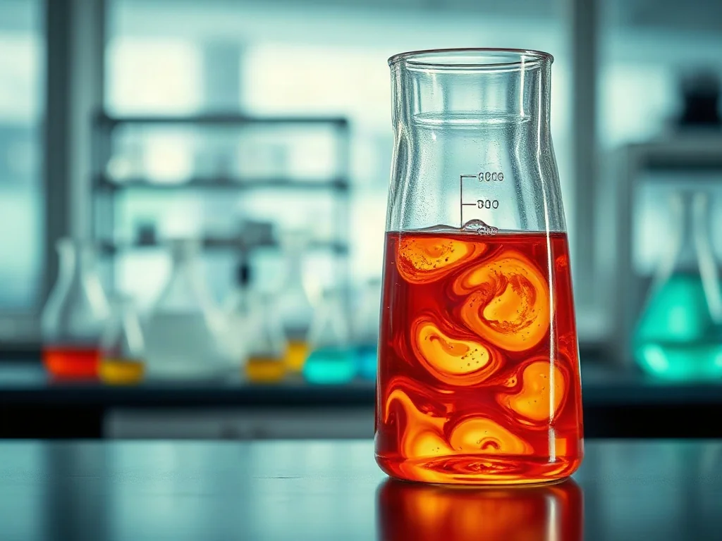 Szklana zlewka z wirującą substancją chemiczną w nowoczesnym laboratorium, ilustrująca proces badawczy metody CM.