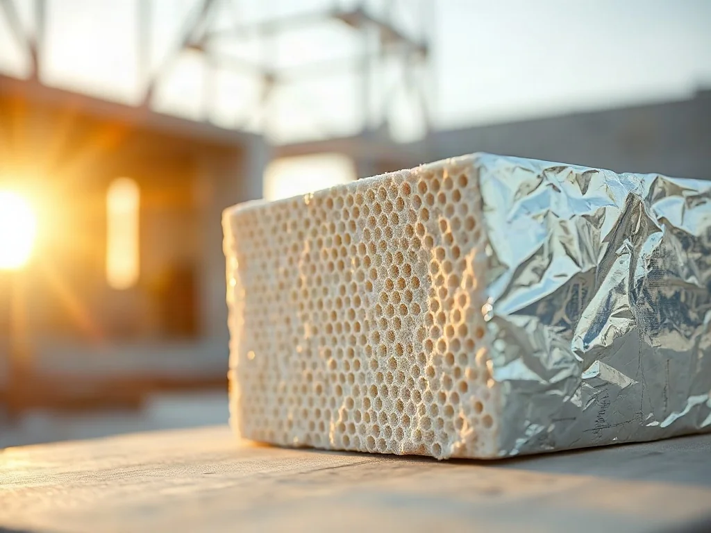 Płyta izolacyjna PIR z metaliczną okładziną i widoczną strukturą komórkową, podkreślająca wysoką efektywność termiczną.