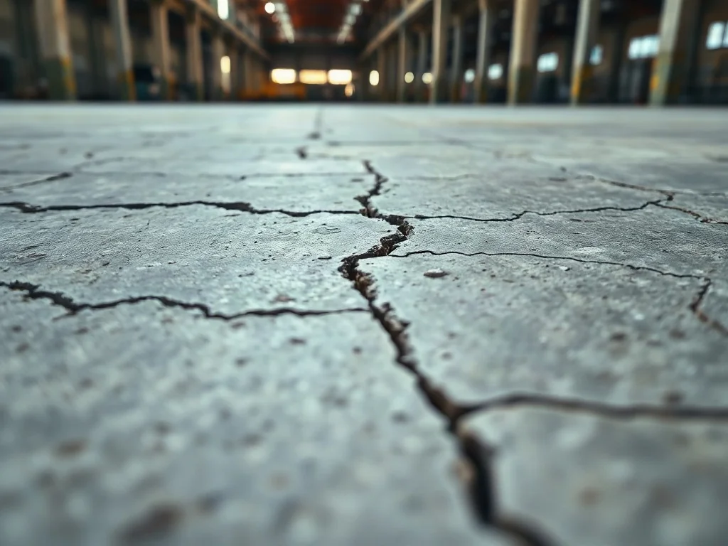 Zbliżenie na pęknięcia i uszkodzenia strukturalne wylewki betonowej w hali przemysłowej.