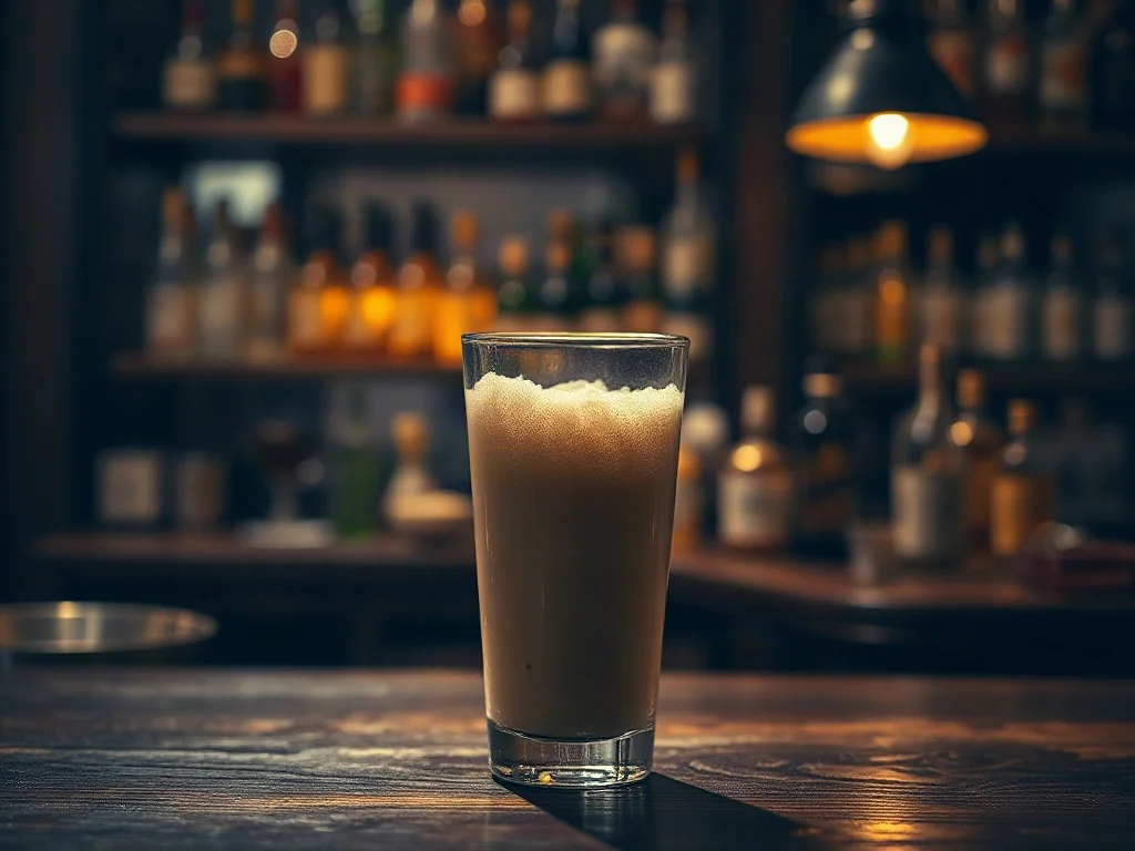 Profesjonalny shaker z gęstą, kremową pianką na barze, ilustrujący efekt techniki dry-shake w przygotowaniu koktajli.
