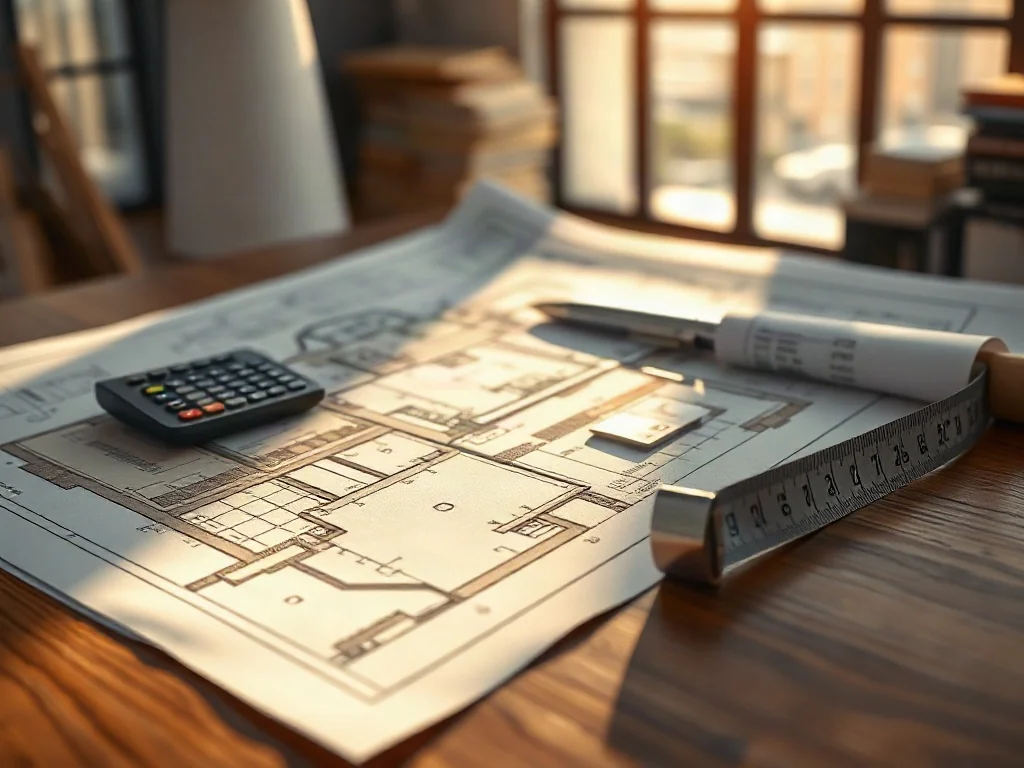Profesjonalne plany architektoniczne z kalkulatorem i miarką na drewnianym biurku, symbolizujące przygotowanie kosztorysu.
