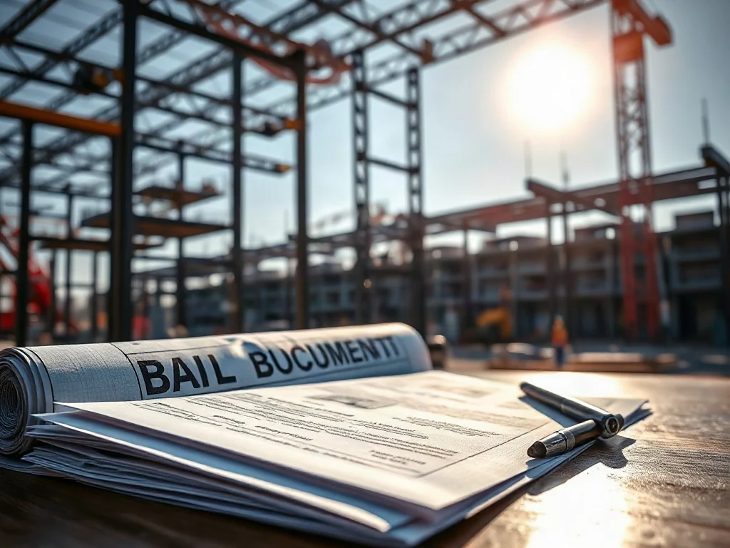 Dokumentacja budowlana i plany techniczne na biurku na tle placu budowy. Ilustracja procesu odbioru robót budowlanych.