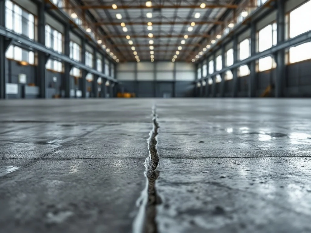 Precyzyjnie wykonana szczelina dylatacyjna w polerowanej posadzce betonowej wewnątrz hali magazynowej.