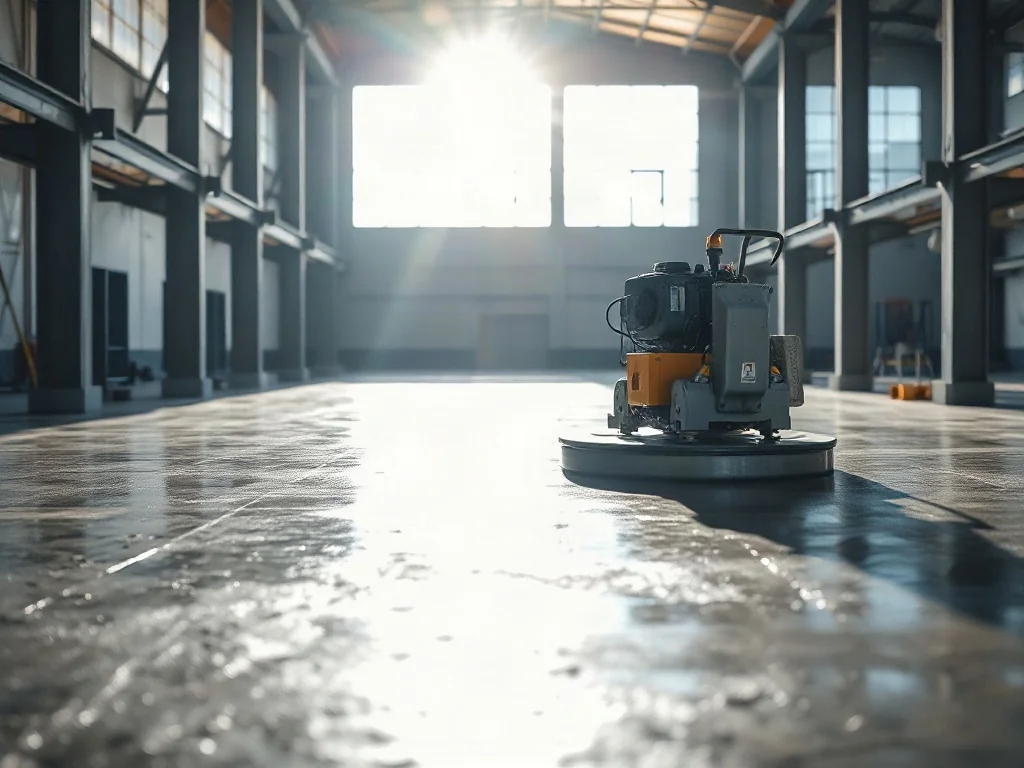 Zacieraczka mechaniczna wygładzająca świeżą wylewkę betonową w przestronnej hali przemysłowej.