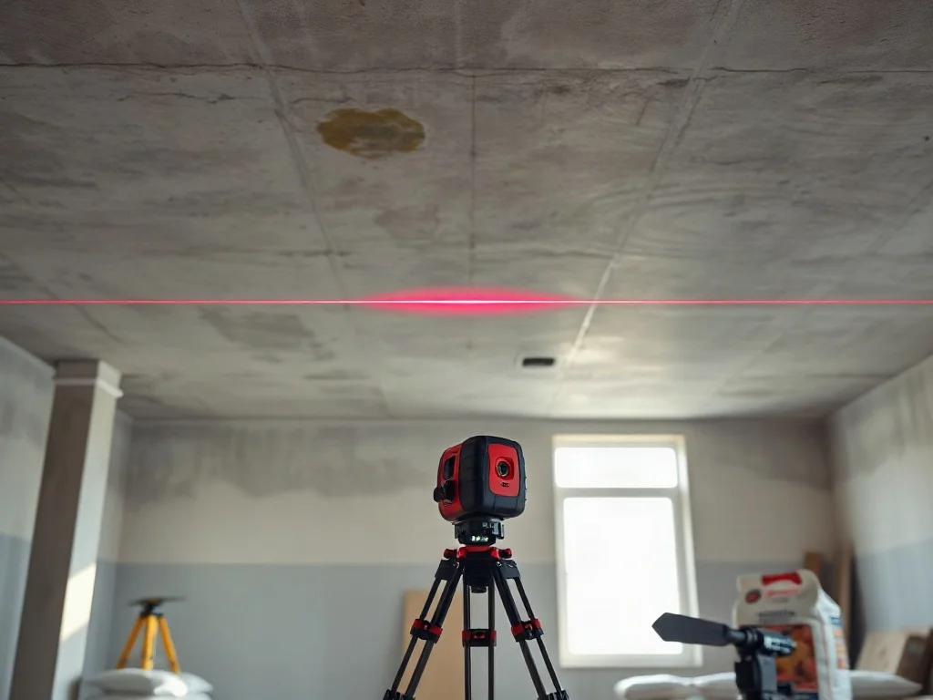 Laserowy niwelator wyznacza poziom na nierównym betonowym stropie, przygotowując powierzchnię do prac remontowych.