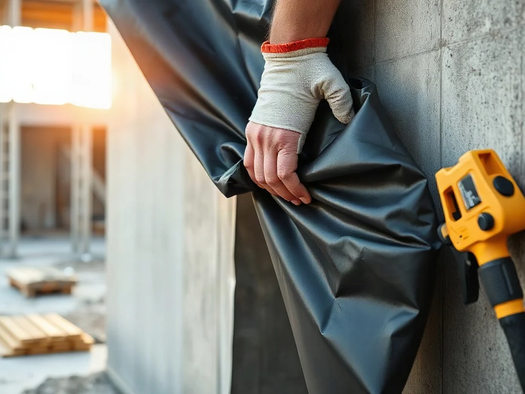 Pracownik budowlany precyzyjnie układa czarną folię paroizolacyjną na betonowej ścianie, dbając o staranne wywinięcie krawędzi.