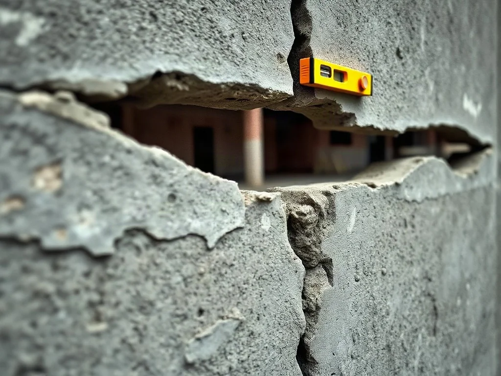 Głębokie pęknięcie w betonowym fundamencie domu, świadczące o poważnych uszkodzeniach konstrukcyjnych budynku.