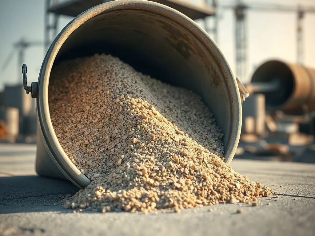 Zbliżenie na różne frakcje piasku i kruszywa w wiadrze budowlanym, ukazujące zróżnicowaną teksturę materiałów do produkcji betonu.