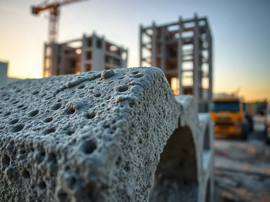 Zbliżenie na porowatą strukturę betonu z widocznymi kruszywami, ukazujące surowy charakter materiału budowlanego.