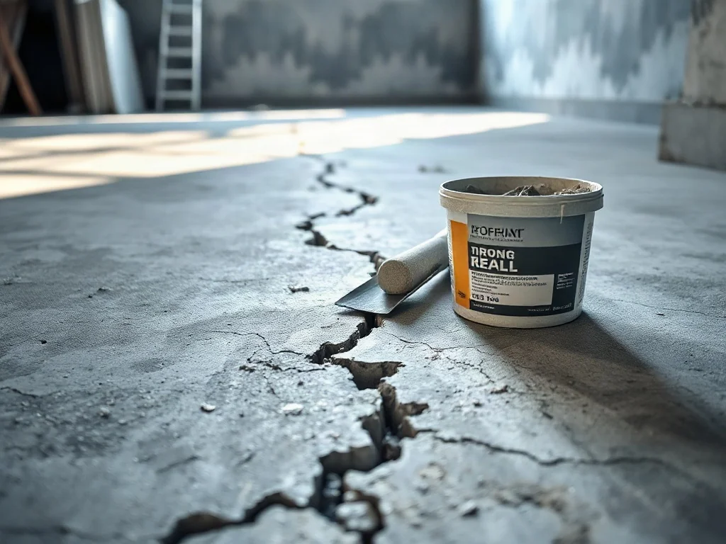 Zbliżenie na pękniętą wylewkę betonową z narzędziami i zaprawą naprawczą przygotowanymi do prac remontowych.