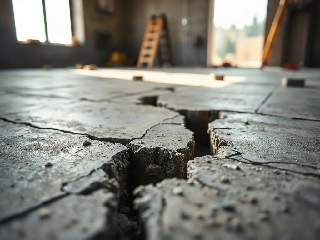 Zbliżenie na uszkodzoną wylewkę betonową z wyraźnym pęknięciem i odspojoną warstwą materiału.