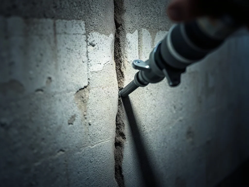 Zbliżenie na proces naprawy pękniętego fundamentu za pomocą iniekcji żywicy wypełniającej szczelinę w betonowej ścianie.