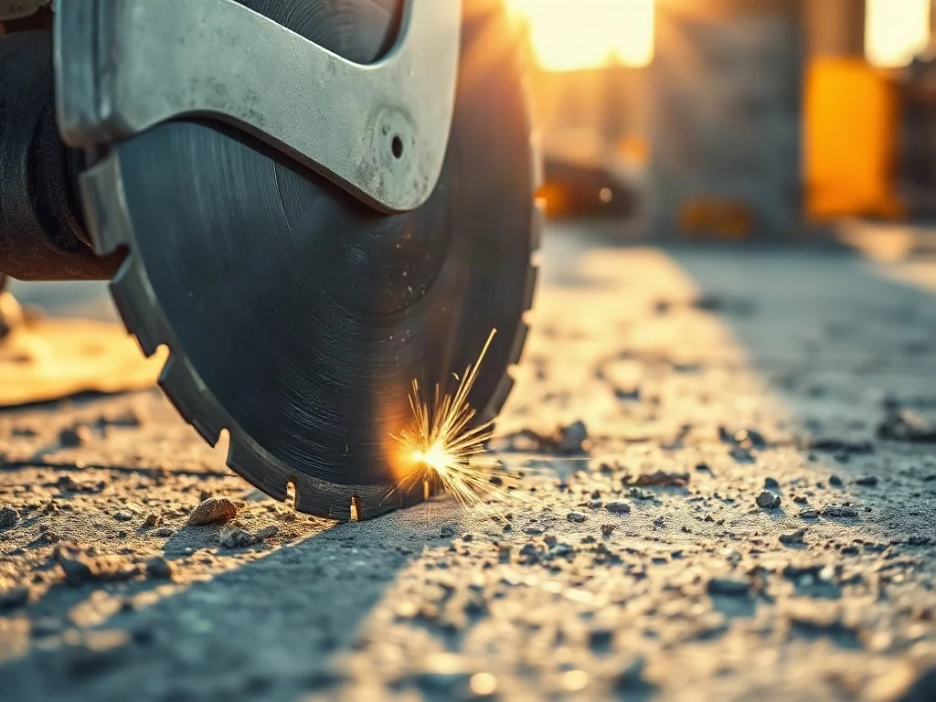 Diamentowa tarcza tnąca wylewkę betonową z widocznymi iskrami w miejscu kontaktu z podłożem.