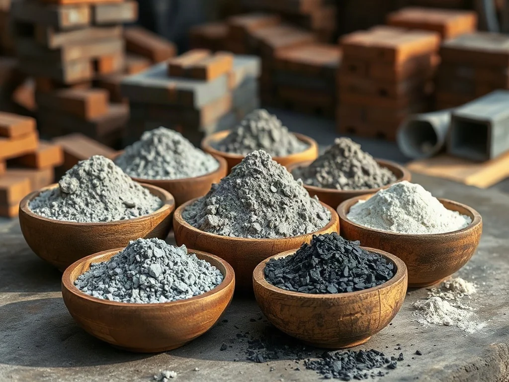 Różne rodzaje cementu w drewnianych misach na betonowym blacie, ukazujące odmienne tekstury i odcienie szarości materiału.