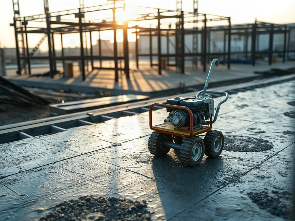 Wibrator wgłębny i listwa wibracyjna leżące na świeżym betonie, gotowe do użycia na placu budowy.