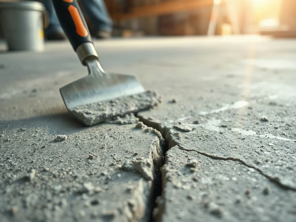 Zbliżenie na proces naprawy pęknięcia w betonowej posadzce przy użyciu kielni i świeżej zaprawy.