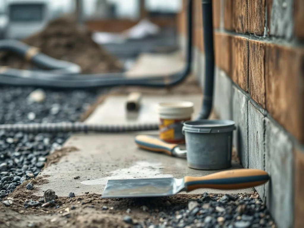Profesjonalne nakładanie izolacji przeciwwilgociowej na betonowy fundament przy użyciu masy bitumicznej.