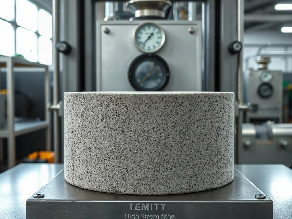 Próbka betonowego cylindra umieszczona w maszynie wytrzymałościowej podczas profesjonalnych badań laboratoryjnych.