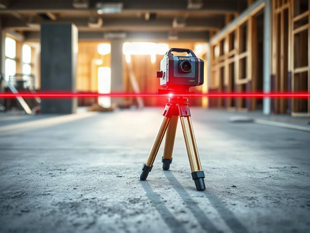 Laserowy niwelator wyznaczający czerwoną linię poziomu na surowej wylewce betonowej w trakcie prac budowlanych.