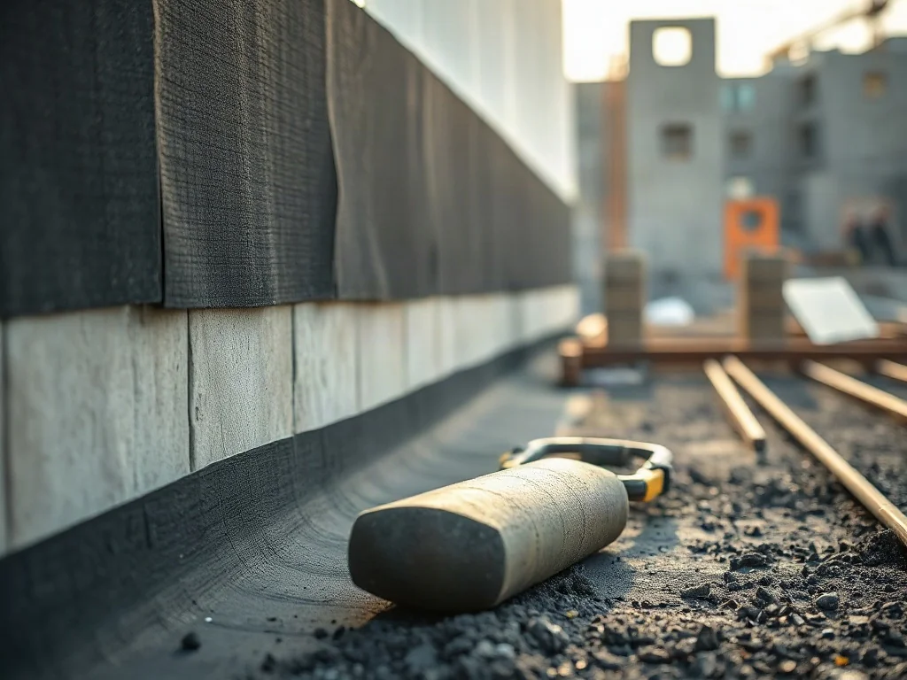 Profesjonalne nakładanie czarnej masy bitumicznej na ścianę fundamentową w celu wykonania hydroizolacji.