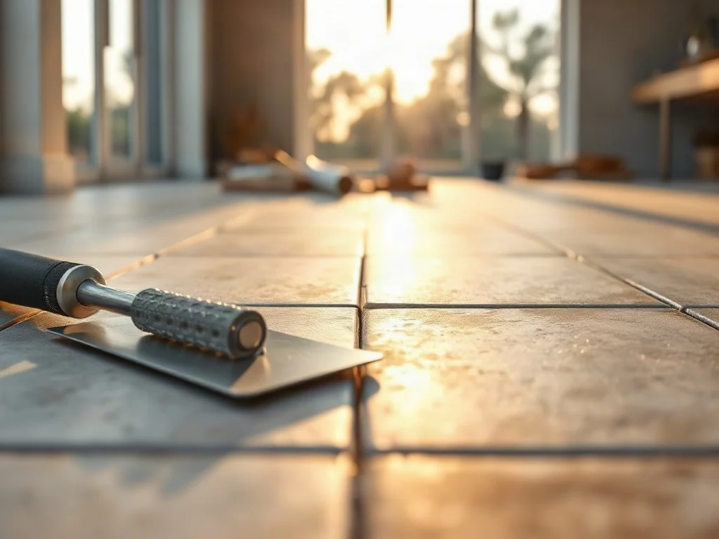 Profesjonalnie ułożone płytki ceramiczne na podłodze z widocznymi narzędziami glazurniczymi w trakcie prac remontowych.