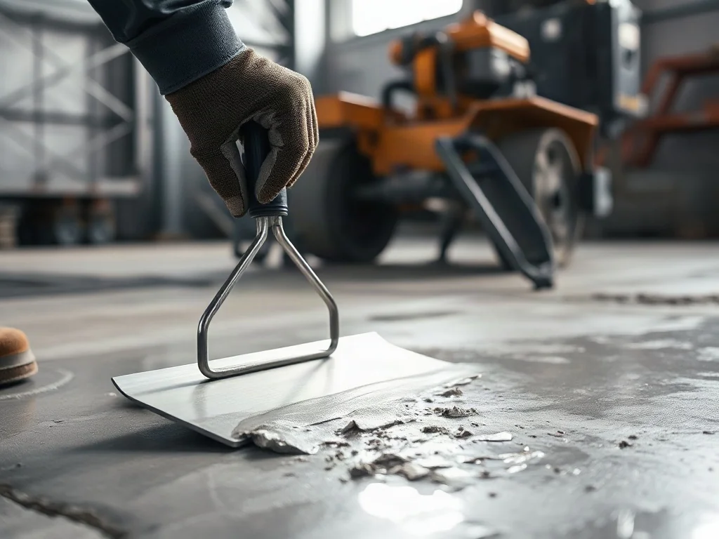 Pracownik wygładza świeży beton ręczną pacą, podczas gdy w tle widoczna jest zacieraczka mechaniczna.