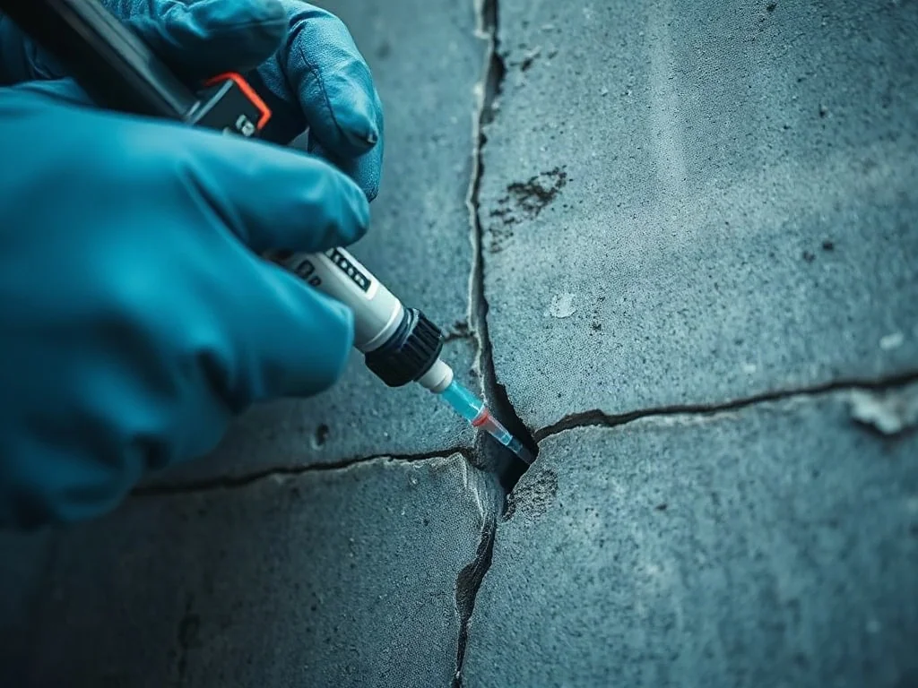 Pracownik budowlany w rękawicach wypełnia głęboką szczelinę w betonowej ścianie specjalistyczną żywicą iniekcyjną.