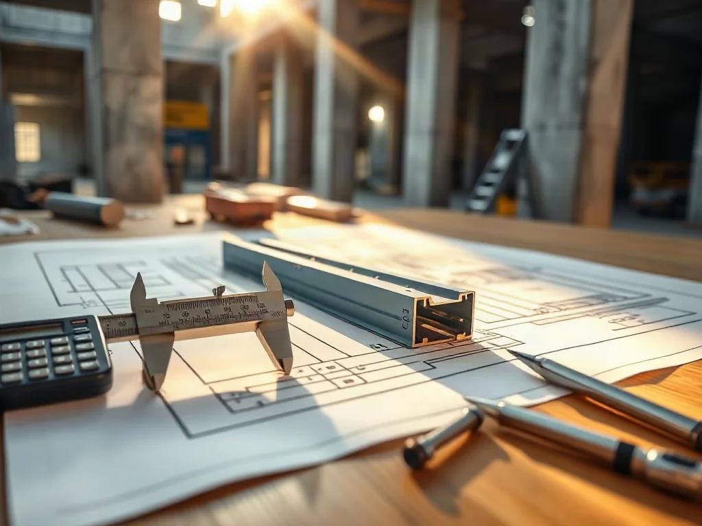 Profesjonalny projekt architektoniczny z narzędziami pomiarowymi na biurku, ilustrujący proces obliczeń konstrukcyjnych stropu.