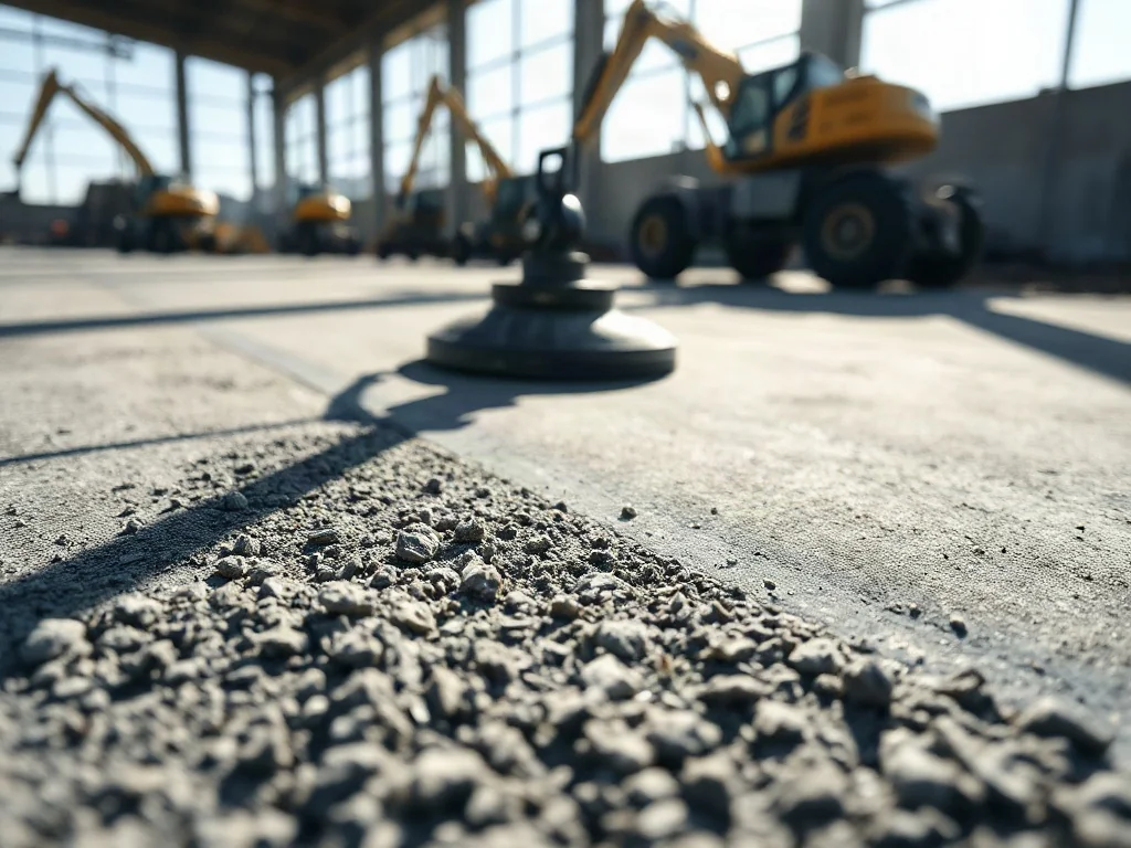 Zacieraczka mechaniczna wygładza świeżo wylaną posadzkę betonową z naniesioną posypką utwardzającą.