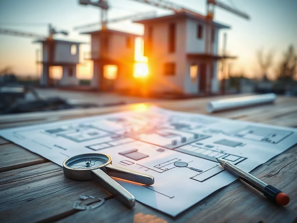 Projekt architektoniczny domu na drewnianym stole, a w tle rozmyty plac budowy o wschodzie słońca.