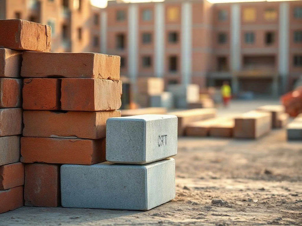 Stos materiałów budowlanych, w tym cegły ceramiczne, bloczki betonowe i gazobeton, przygotowanych do prac murarskich.