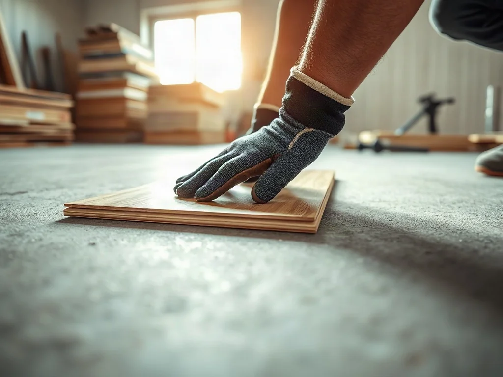 Profesjonalista układa panel laminowany na gładkiej wylewce betonowej, przygotowując podłogę do montażu.