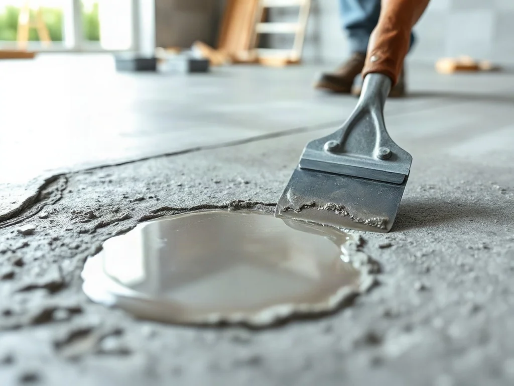 Zbliżenie na proces naprawy betonowej posadzki przy użyciu szpachli, zaprawy cementowej oraz płynnej żywicy.