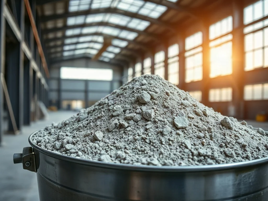 Wysokiej jakości sucha mieszanka betonowa w metalowym wiadrze na tle nowoczesnej hali produkcyjnej.