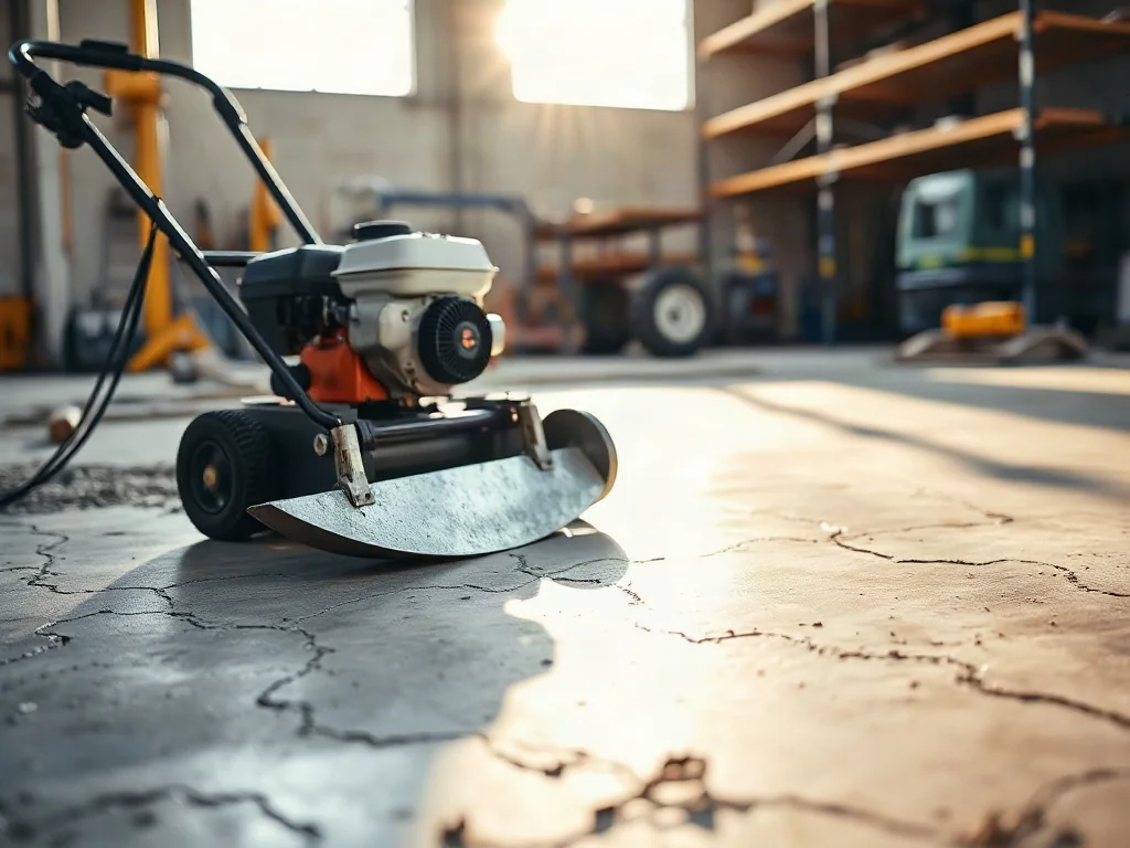 Profesjonalna zacieraczka mechaniczna na świeżo wylanym, wygładzonym betonowym podłożu na placu budowy.