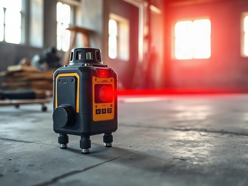 Profesjonalny niwelator laserowy wyznaczający poziom na betonowej wylewce podczas prac budowlanych.
